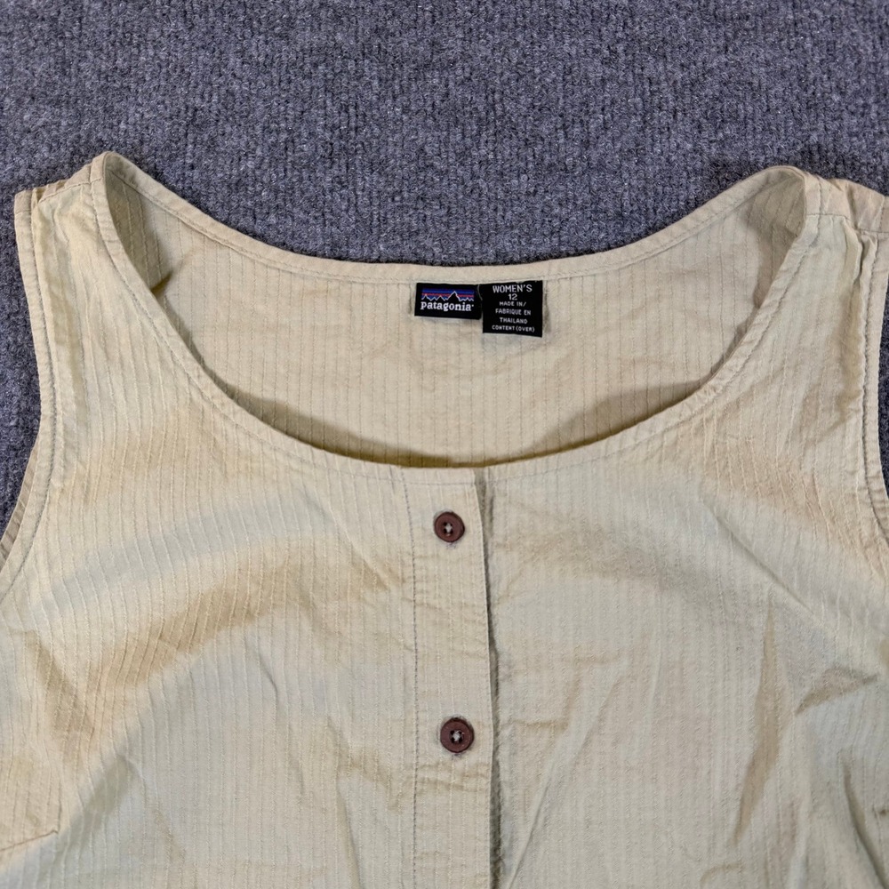 Patagonia Womens 12 Sleeveless Button Front Top Green Textured Stripe Tank 2978